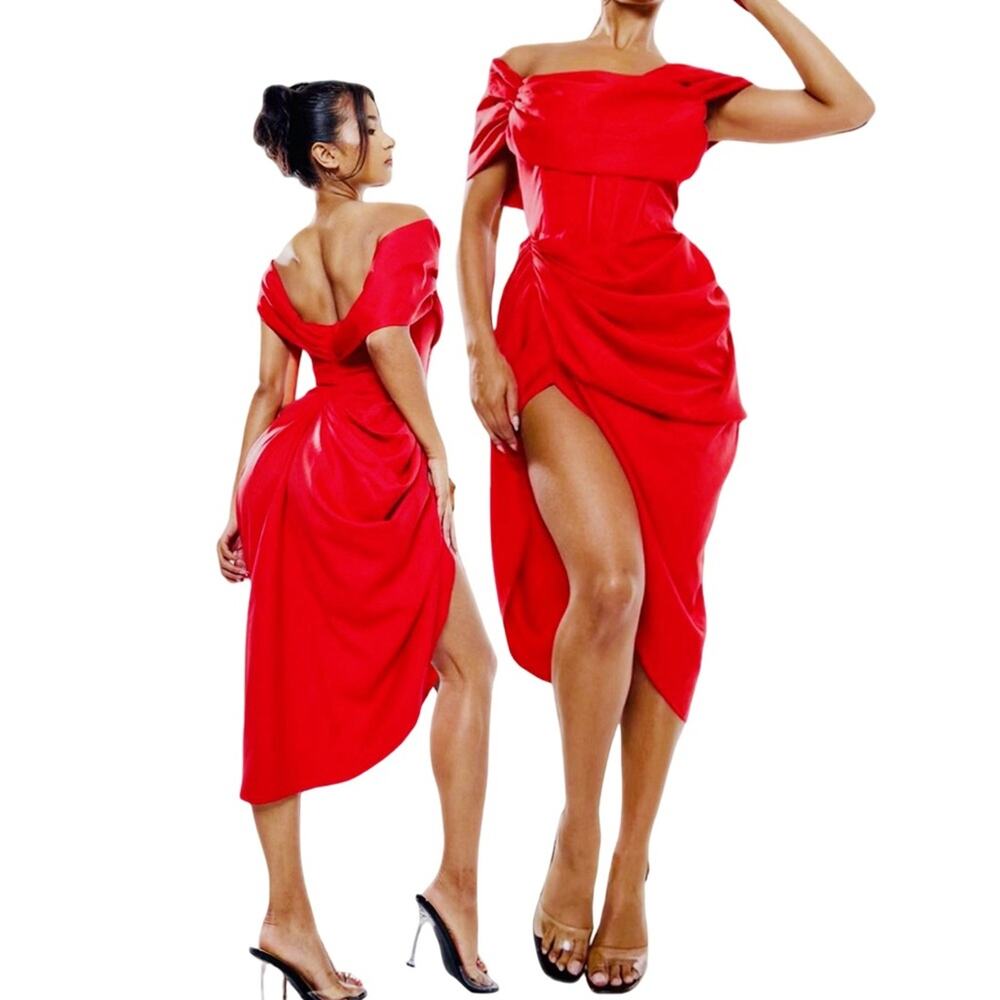 Y2K PRETTYLITTLE THING RED CORSET BAROT DRAPED MIDI DRESS IN RED SIZE 6
